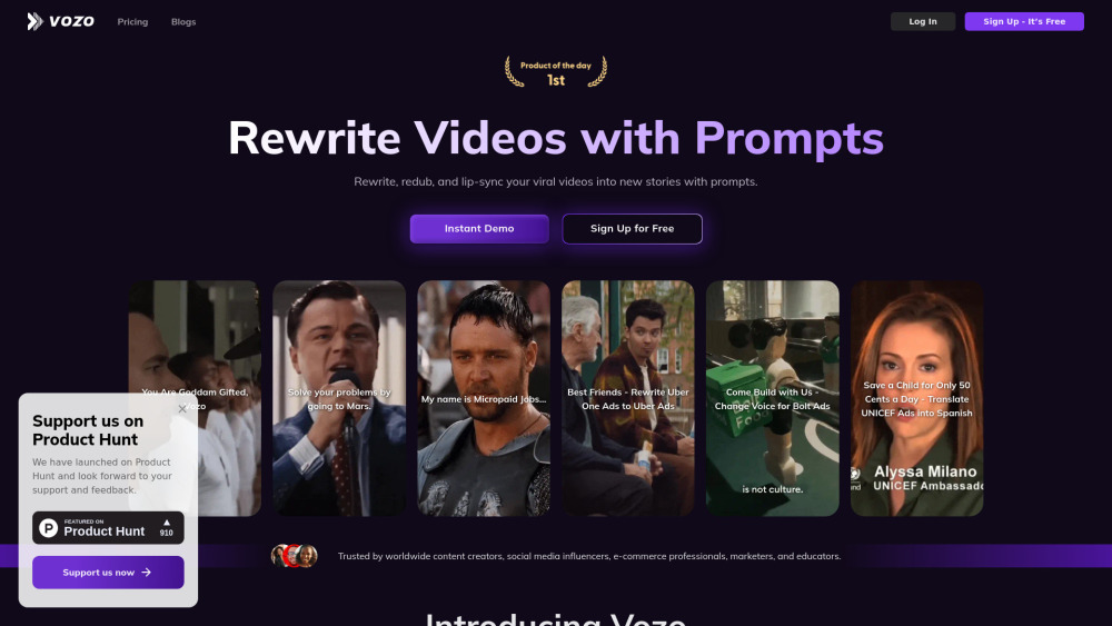 Vozo - AI Video Generator Website screenshot