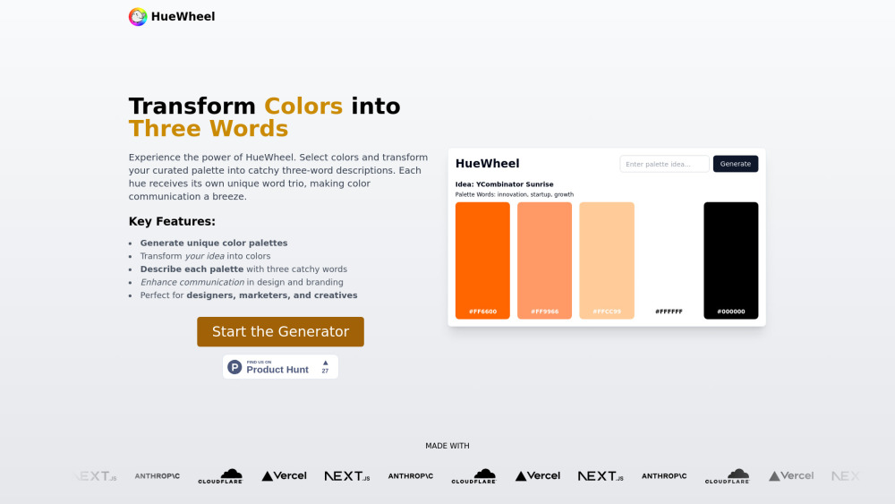 HueWheel - AI Color Palette Generator Website screenshot