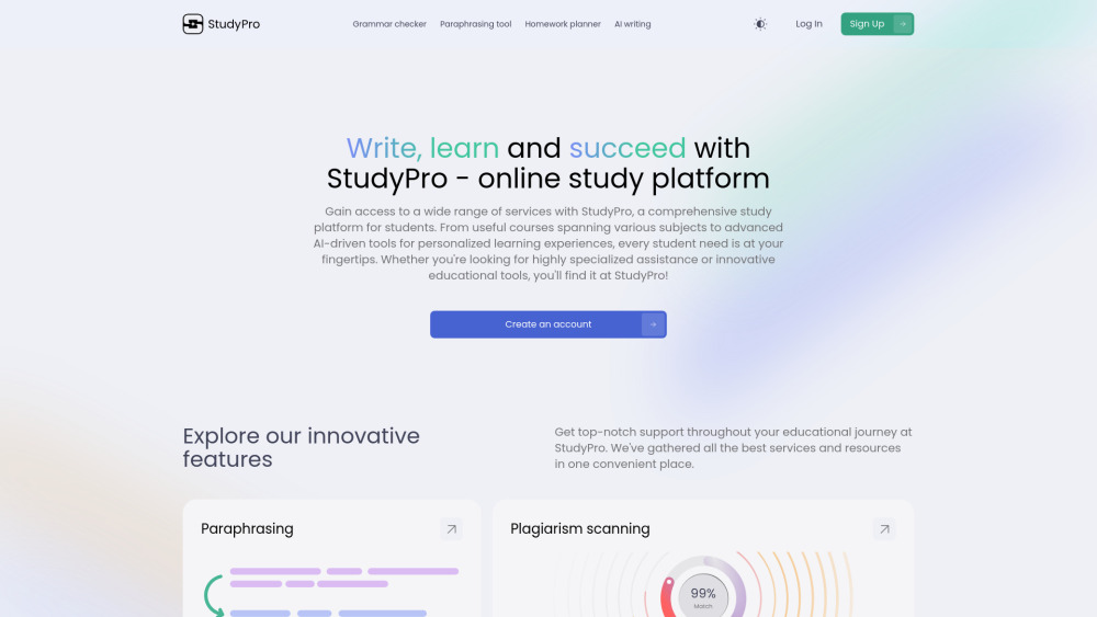 StudyPro Website screenshot