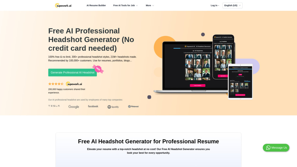 Free AI Headshot Generator | Supawork AI (100% free & no limit) Website screenshot