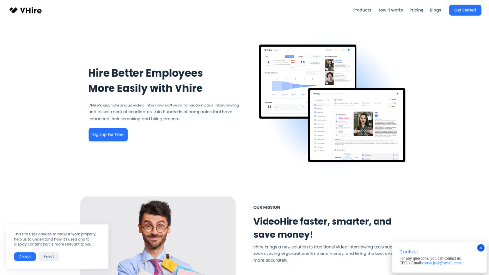 VHire - AI Video Interview Platform Website screenshot