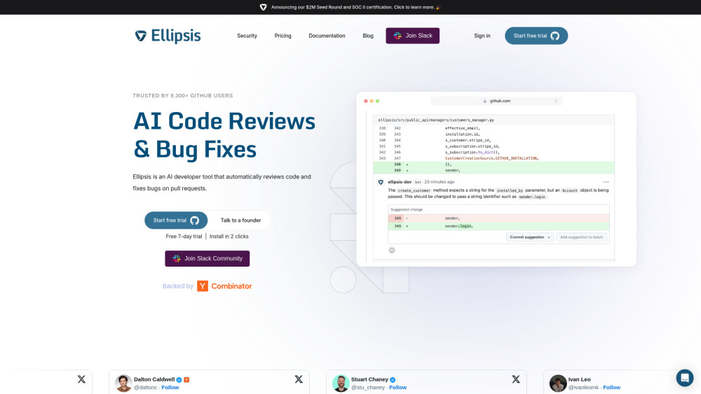 Ellipsis AI Code Reviews & Bug Fixes Website screenshot