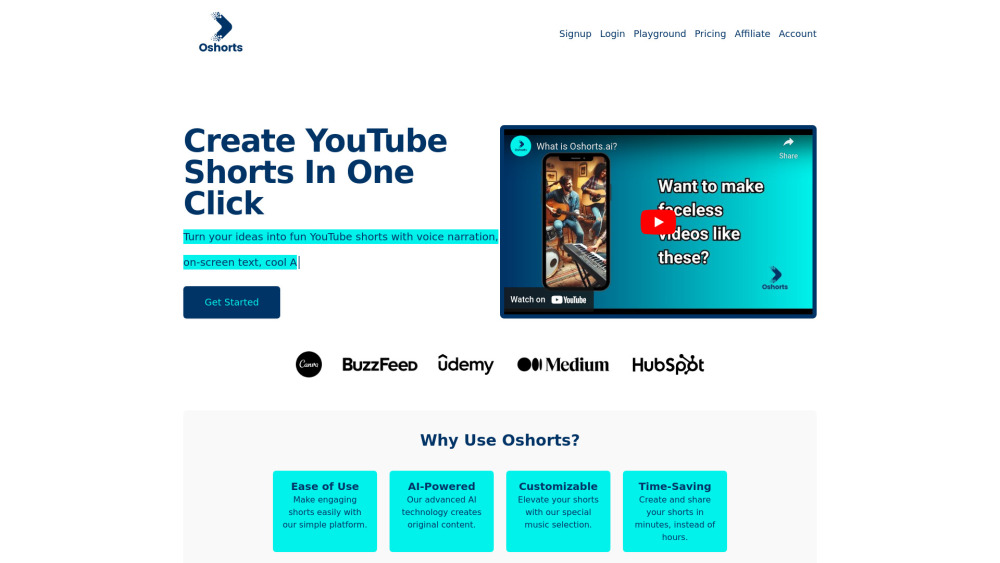 Oshorts AI Videos Website screenshot