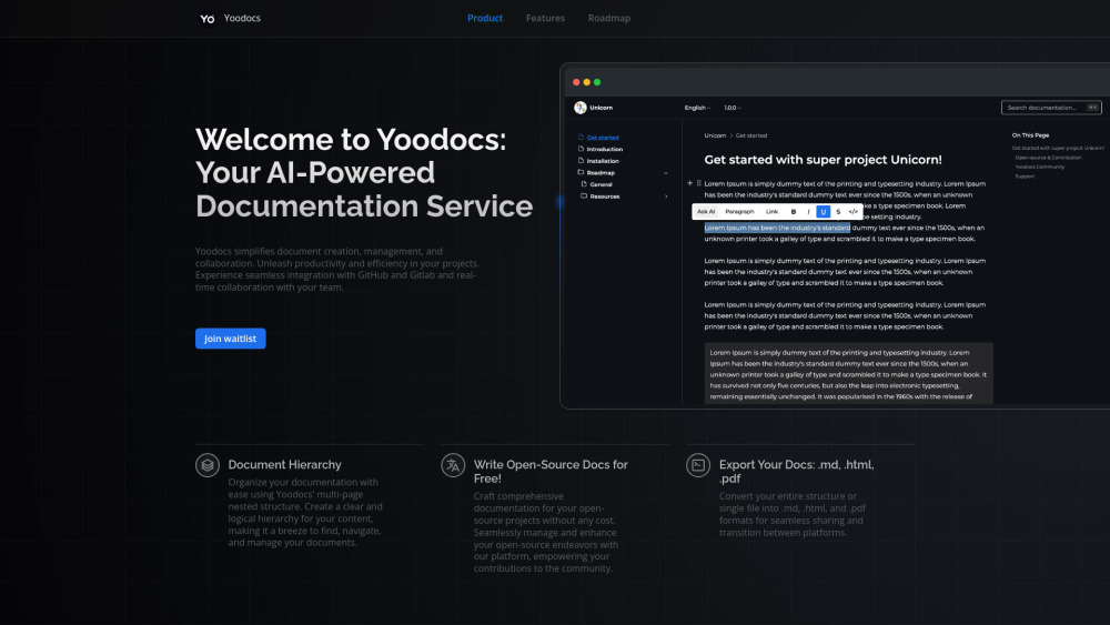 Yoodocs - AI-Powered SaaS for Content Creation & Management Website screenshot