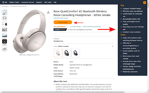 Amazon Pros and Cons - Chrome Extension Website screenshot