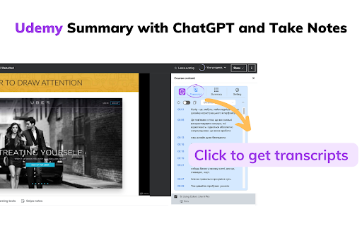 ChatGPT with Udemy videos summary generator - Chrome Extension Website screenshot