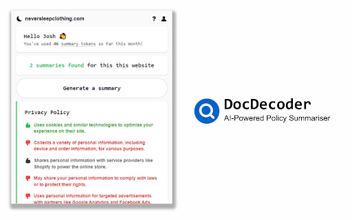 DocDecoder - AI-Powered Policy Summariser - Chrome Extension Website screenshot