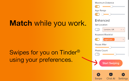 Auto Swiper for Tinder - Chrome Extension Website screenshot