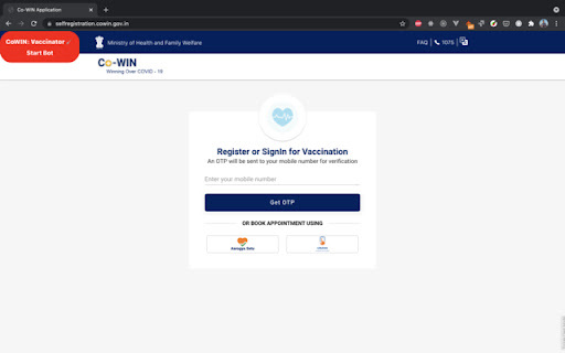 CoWIN Bot - Chrome Extension Website screenshot