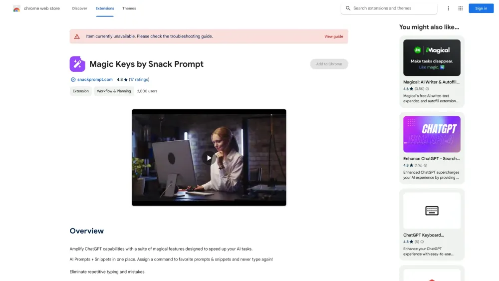 Magic Keys by Snack Prompt - Chrome Extension Website screenshot