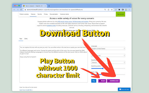 Microsoft™ Text-to-Speech - Chrome Extension Website screenshot