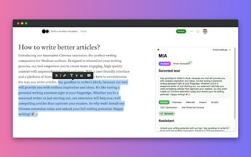 MIA: AI-Powered Writing Assistant - Chrome Extension Website screenshot