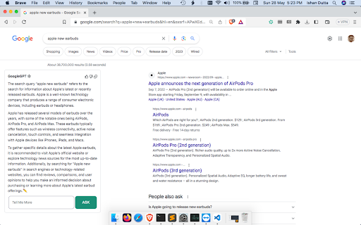 ChatGPT on Google Extension - Chrome Extension Website screenshot