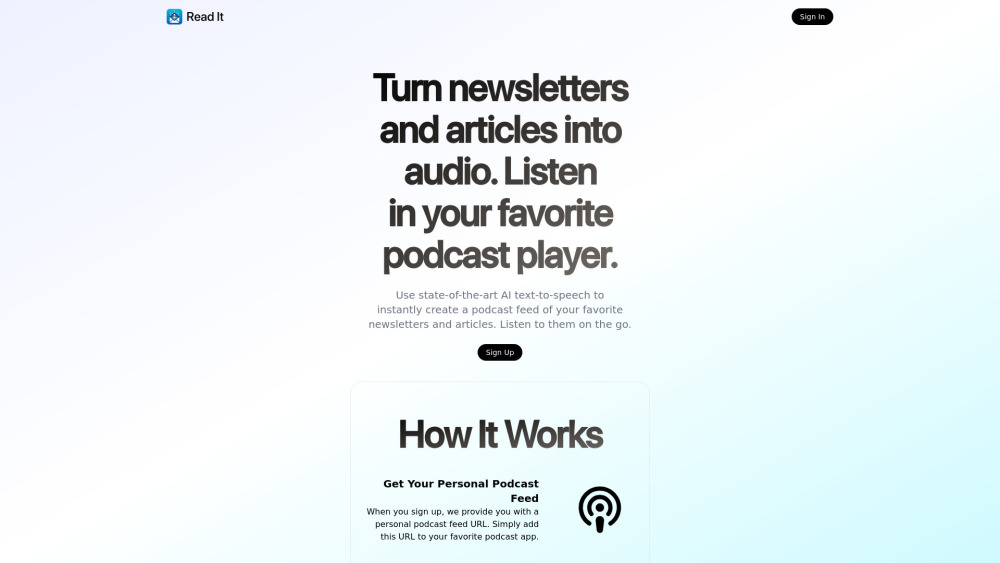 Read It - Convert Newsletters, Articles to Podcast Audio Effortlessly Website screenshot