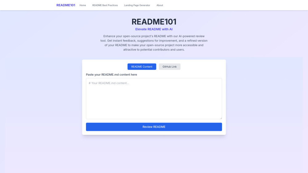 README101 - Elevate README with AI Website screenshot