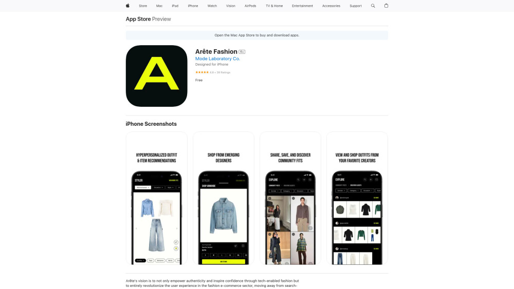 Arête Fashion Website screenshot