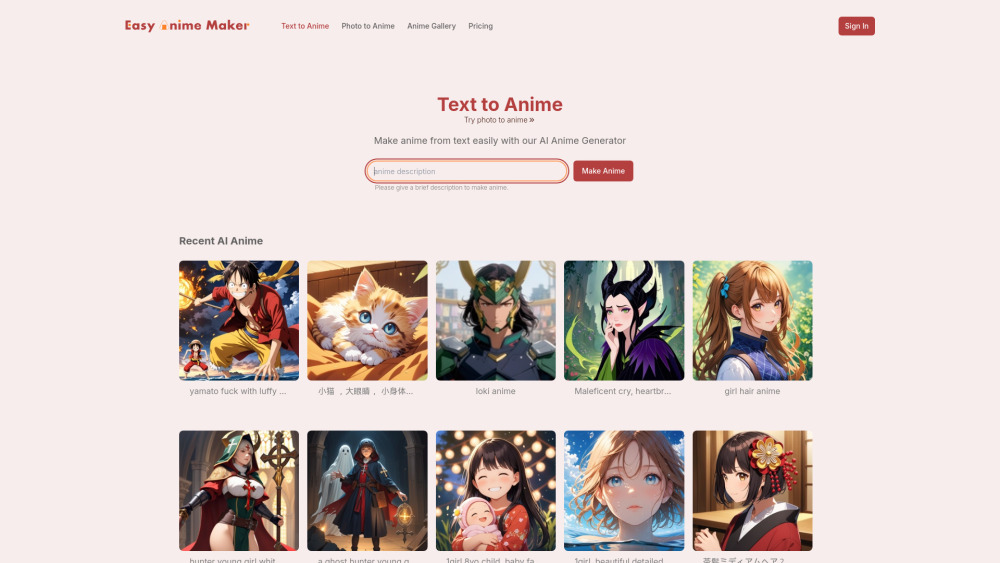 AI Anime Generator Website screenshot