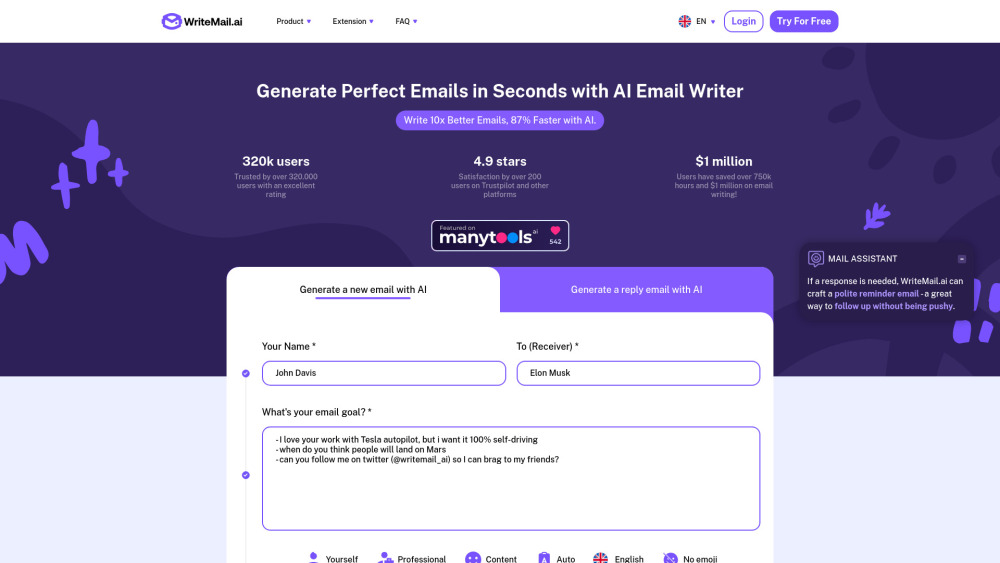 WriteMail.ai Website screenshot