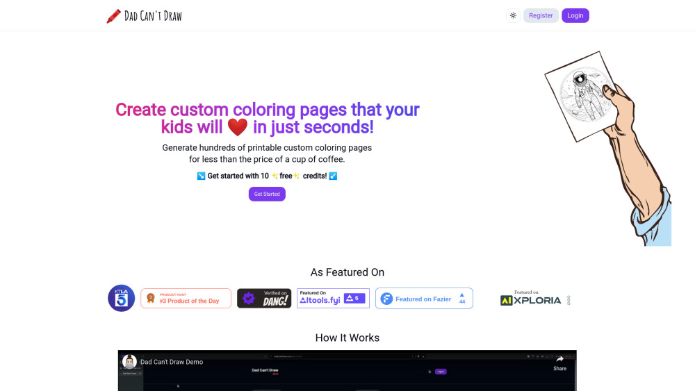 Dad Can't Draw - AI Custom Coloring Pages Website screenshot