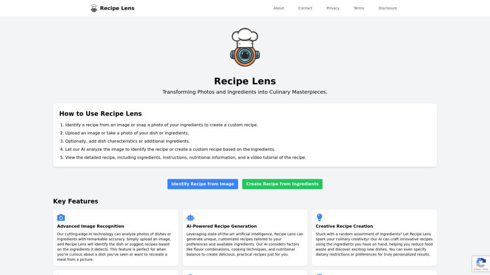 Recipe Lens Website screenshot
