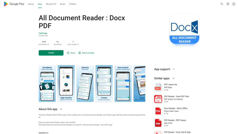All Document Reader: Docx PDF Website screenshot