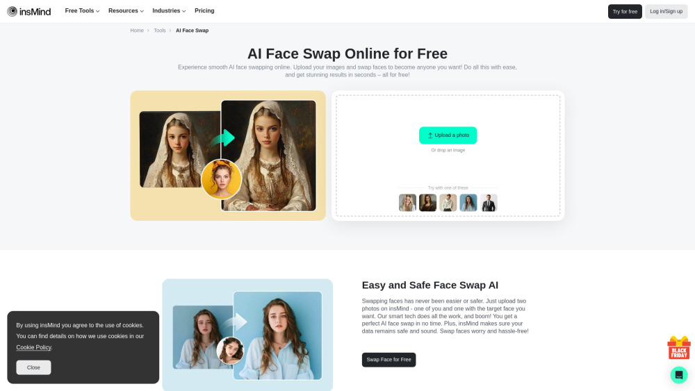 insMind AI Face Swap Website screenshot