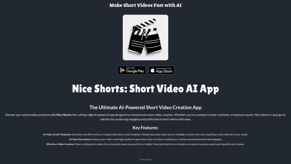 Nice Shorts - Short Video AI App Website screenshot