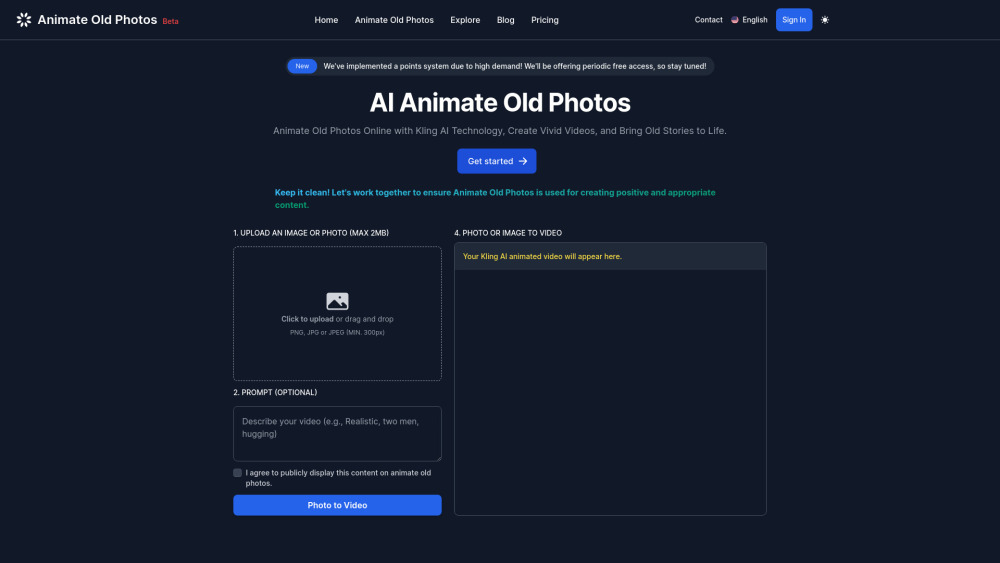 Kling AI Animate Photos Website screenshot