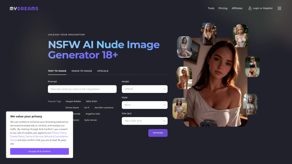 My Dreams Studio - NSFW AI Image Generator Website screenshot