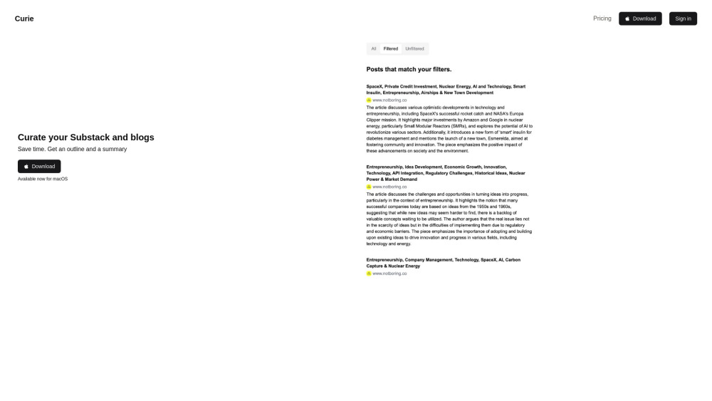 Curie Website screenshot