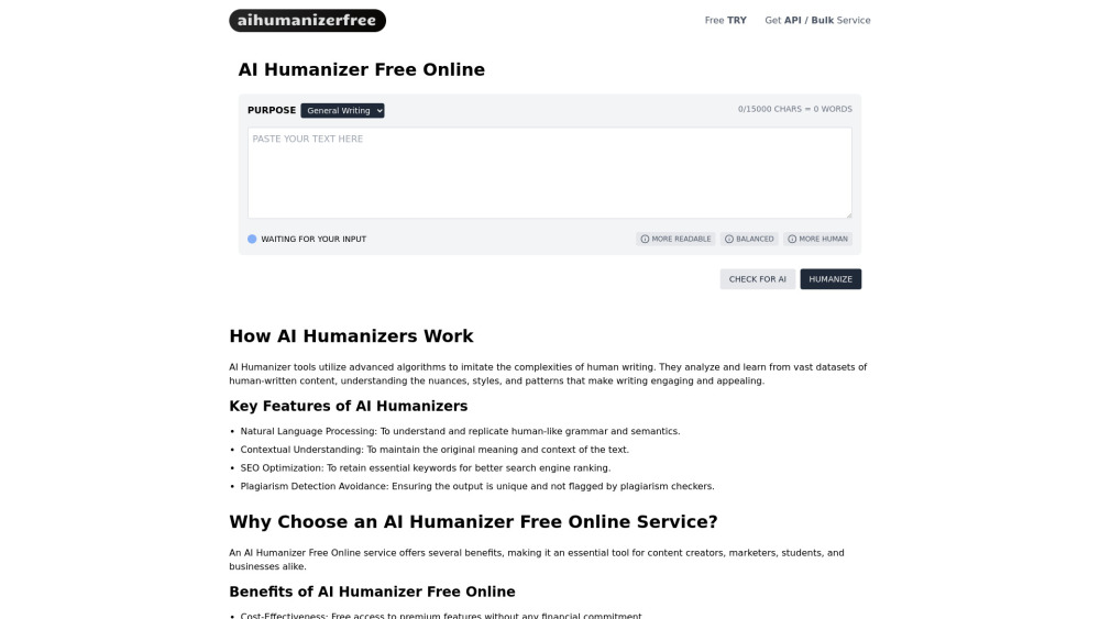 AI Humanizer Free Online Website screenshot