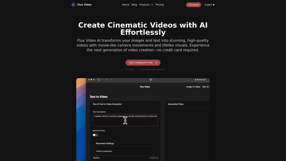 Flux Video AI Website screenshot