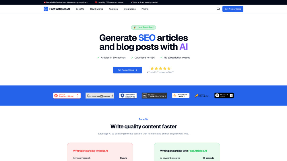 Fast Articles AI Website screenshot